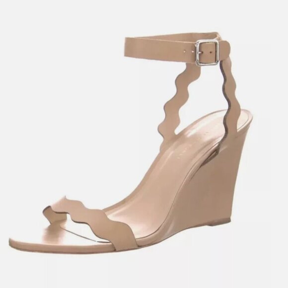 Loeffler Randall Piper Scallop Strap Nude Leather Open Toe Wedge Sandals size 9 - Picture 1 of 10